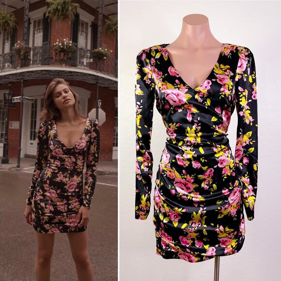 Likely Gabriella Floral Long Sleeve Satin Silky Mini Dress Black Pink size 4 NWT - Picture 1 of 12